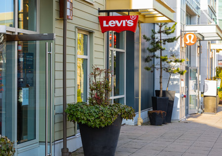 Street view in front a store from Levi's clothes in White Rock BC, Canada-February 16,2021. Levis is...