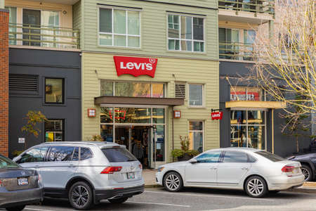 Street view in front a store from Levi's clothes in White Rock BC, Canada-February 16,2021. Levis is...