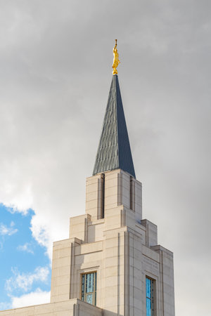 Modern architecture front church building. Vancouver British Columbia Temple located at Langley BC, Canada-February 20,2022. Street photography, selective focusのeditorial素材
