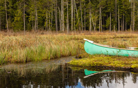 Beautiful landscape of a lake with a boat in a forest. Whonnock Lake Provincial Park near the town of Mission in British Columbia, Canada. Travel photo, nobody, selective focus.の写真素材