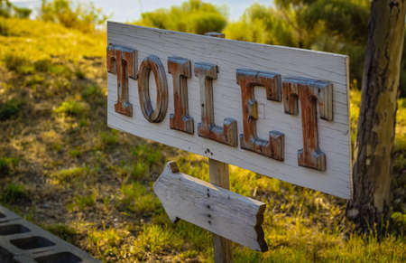 View of classic simple design handmade wooden sign of toilet give direction to WC in the park. Close up, selective focus, nobodyの写真素材