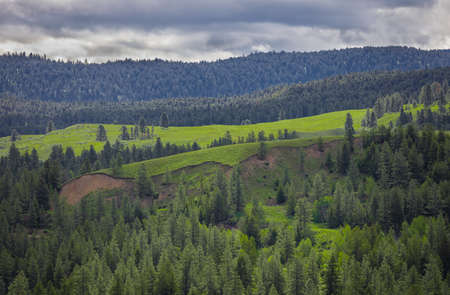 Beautiful mountain landscape, with mountain peaks covered with forest and a cloudy sky in Canada....