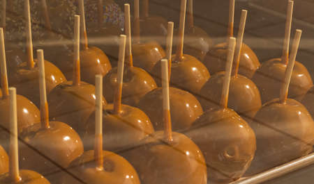 Caramel Apples. Candy Apples in a Bakery window. Delicious caramel apples. Nobody, selective focusの写真素材