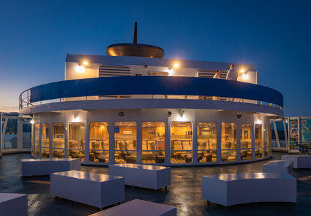 Interior and exterior of the ferry. Ferry inside and outside. Comfort seats for passengers. British Columbia Ferry-July 21.2022. Travel photo, selective focus, blurred peopleのeditorial素材