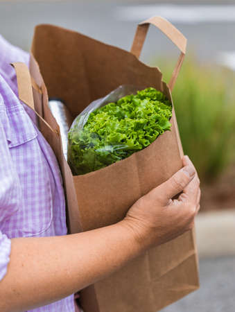 Carrying a healthy bag. Cropped image of a woman holding paper shopping bag full of fresh vegetables. Grocery bag with Fresh and healthy groceries in a woman hand. Blurred, selective focus, copy spaceの写真素材