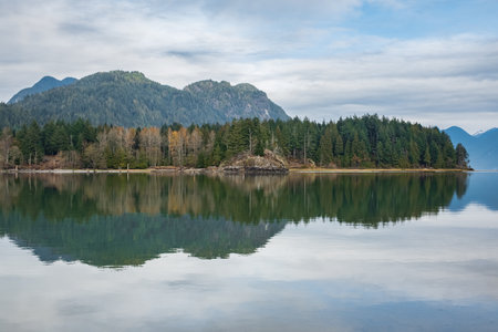Autumn forest lake nature landscape. Colorful morning view of a autumn landscape, lake with reflection. Nobody, travel photo, selective focusの写真素材