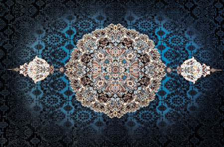 Beautiful classical carpet of machine work. Blue orient carpet. Nobody, selective focusの写真素材