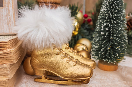 Two figure ice skates Christmas decor. Pair of golden skate shoes with fir. Vintage winter holidays. Skates on the top of the fireplace. christmas decoration. Nobodyの写真素材
