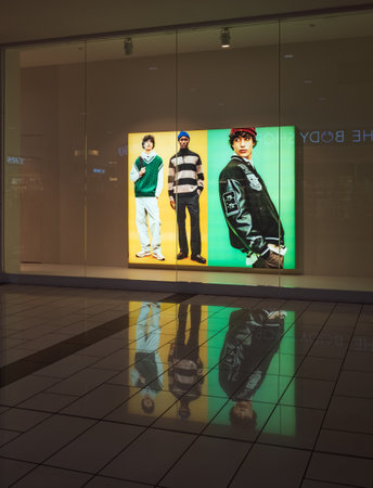 Illuminate Multimedia advertising on LED display monitor. Digital media billboard for advertising. Interactive intelligence digital advertisement in fashion retail mall-December 8,2022-Surrey Canadaのeditorial素材