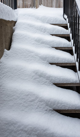 Snow covered wooden stairs house in winter. snow-covered steps. Nobody, street photo, selective focusの写真素材
