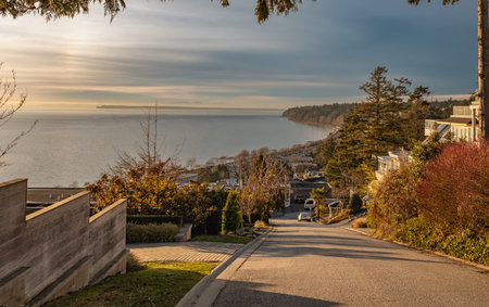 Vancouver White Rock residential area with Semiahmoo Bay. Beautiful sunset at typical Canadian residential area. Travel photo, nobody, selective focus, copyspace for textの写真素材