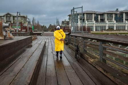 Walking the dog in yellow raincoat on rainy day. Female person and dog on a leash walk on a walkway in urban park in bad weather. Street photography, selective focusの写真素材