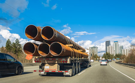 Steel products and tubes on a special truck, industrial transportation. Water pipes transporting on...
