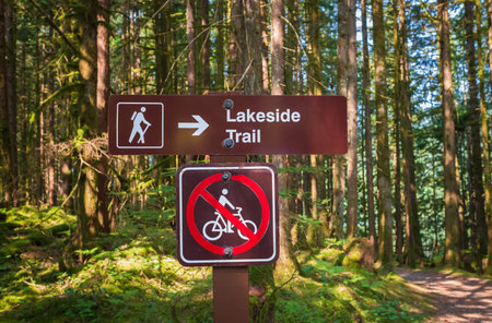 Hiking sign pointing. Trail Wood Sign in the Forest. Navigation for Hikers. Lakeside trail, Recreation Photo Collection. Directional signage at the forest. Wooden Trail Sign In A Forest. Nobodyの写真素材