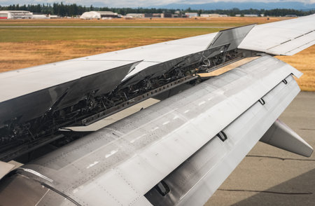 landing airplane. An airplane window view of wing and flaps after landing. Airplane wing with the...