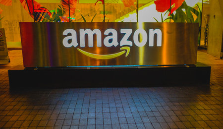 Amazon logo on the logistics centre. Amazon logo at the distribution center in the night. Amazon logo on the facade of one of their corporate office buildings Toronto, Canada- July 15 2023のeditorial素材