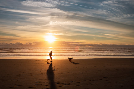 Woman and dog running free on beach at golden sunset. Fitness girl and her pet working out together....