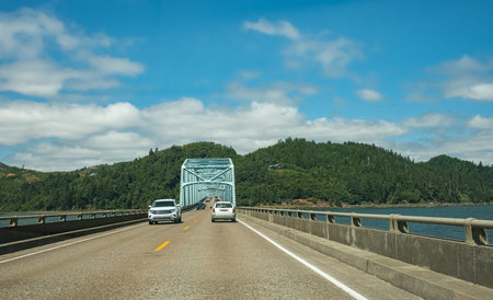 Bridge in Astoria Oregon, crosses over the Columbia River into Washington. Arched truss drawbridge...