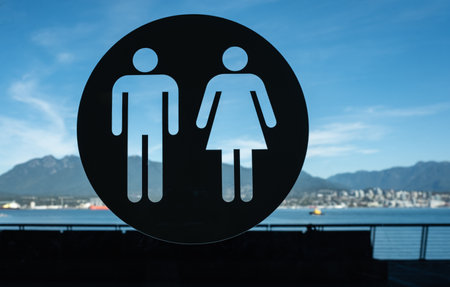 Restroom sign. Figures of man and woman. Male and female gender symbols. Entrance to the male and female toilet. Copy space for text, nobodyの写真素材