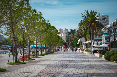 Summer view of alley with palms in Saranda.. Promenade walkway by the beach Albania Europe. Summer landscape. Traveling concept background. Date palms on the embankment with blue sky. October-29, 2023のeditorial素材