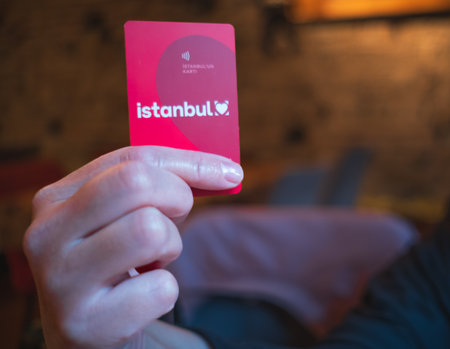 Women holding in her hand Istanbul transportation card. Istanbul public transport card. Public transportation card of Istanbul. Locally called Akbil.のeditorial素材