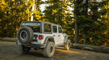 Jeep Wrangler Rubicon side view. white offroad 4-door SUV parked in the forest. Compact four wheel drive off road and sport utility vehicle. Jeep Wrangler Rubicon is the 4-door off-road vehicleのeditorial素材