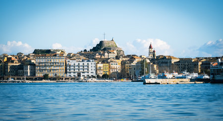 Panoramic view of Kerkyra, capital of Corfu island, Greece. Old City View in Corfu Town Harbor....