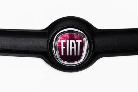 FIAT logo of Italian car manufacturer. Fiat brand badge on front of motor car. Fiat logo on a car close-up. Nobody, selective focus-Corfu Greece-January 14,2024のeditorial素材