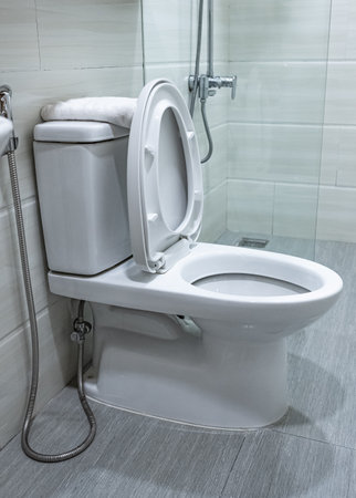 Toilet bowl in modern bathroom interior. White ceramic toilet bowl. Toilet bowl near shower stall in...
