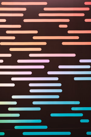 Abstract Led wall background. Code on screen. Abstract geometric pattern with colored elements. Unique Design Abstract Digital Pixel. Glowing Abstract Background. Neon lines purple violet and greenの写真素材