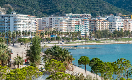 Vlore panoramic city view with seaside and modern architecture Albania. Coastal city on the Adriatic Sea in a Sunny summer day. Residential apartment with flat buildings exterior. Traveling conceptの写真素材