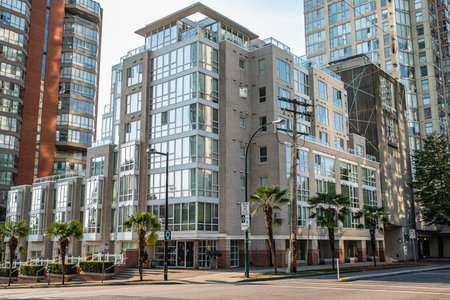 Modern residential architecture in Canada. Street level view of developed neighborhood in downtown...