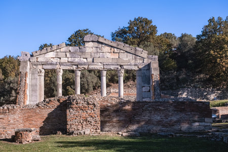 Tympanum of Monument of Agonothetic, part of Bouleuterion- Apollonia, Albania. Ancient city ruins of Apollonia Albania. Apollonia Archaeological site. Travel photoの写真素材