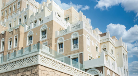A traditional Arabian villa on the Palm Jumeirah. The Palm Jumeirah is a man made island. Exterior of luxury residential villa. House design exterior. Nobodyの写真素材