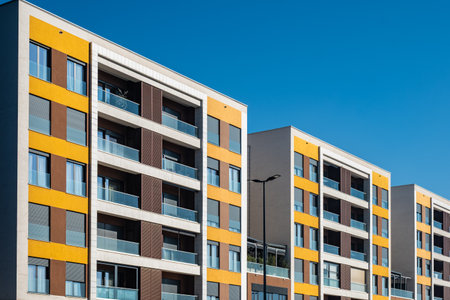 EU New modern apartment house buildings. Real estate development, housing market. New apartment house residential building outdoor concept. Street and backgrounds. Copy space for text, travel photoの写真素材