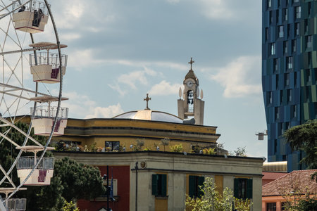Modern architecture and historic site of Tirana. Scanderbeg Square in the center of Tirana, Albania. Main plaza of Tirana with architectural buildings and monuments. Travel photo-Apr 8,2025の写真素材