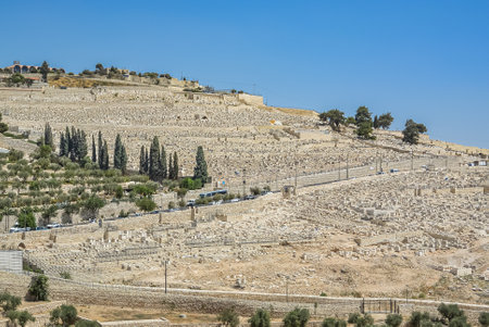 Ancient Jewish cemetery on the Mount of Olives in Jerusalem. Jewish cemetery ancient tombs on the Mount of Olives Israel. Jewish graves on cemetery in the Holy Land Israel. Travel photo, nobodyの写真素材