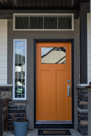 Modern house entrance with wooden door. Front door and porch to a family residence. Real Estate Exterior Front House. A nice entrance of a house. Vertical shot. Nobodyの写真素材