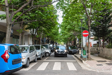 Cars parked in line on the roadside. Green trees in city street with parked family cars. Cars parked under green trees along the side of the road in a residential area quiet suburban street in Europeの写真素材