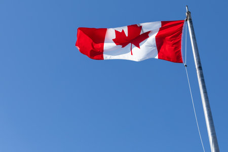 Canadian flag waving against clear blue sky. North America, flag of Canada. Copy space for text. Canadian flag is flying on flagpoleの写真素材