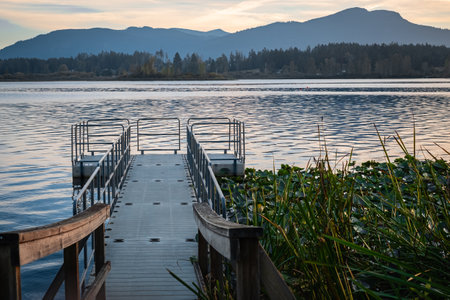 A floating dock at Quamichan Lake Provincial Park in British Columbia. Floating Jigsaw or plastic pontoon walkway floating on a lake. Floating Dock. Plastic Pontoon bridge. Beautiful landscape Canadaの写真素材