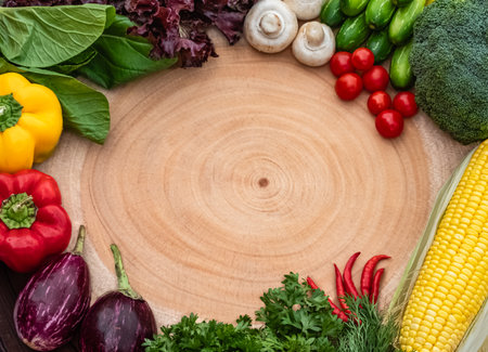 Group of fresh organic vegetables, close-up view. Assortment of raw vegetables broccoli, tomatoes, eggplants, mushrooms, bell peppers, and corn on a wooden background, top view, copy spaceの写真素材