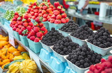 Assortment of fresh berries locally grown at a farmer's market. Fresh raspberry and blackberry in the container box. Close-up of various berries raspberries, blackberries in shop counterの写真素材