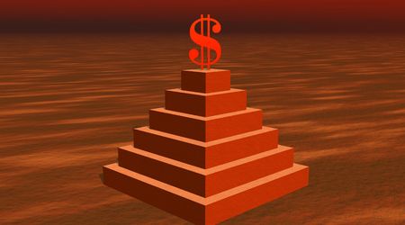 Red dollar on a pyramid in desertの写真素材