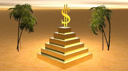 Yellow dollar on a pyramid in desertの写真素材