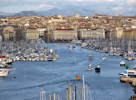 View of the old port of Marseilles by sunset, Franceの写真素材