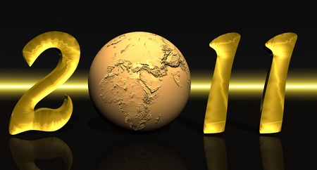 Gold new year 2011 with a yellow earth instead of zero in black background with a yellow lineの写真素材