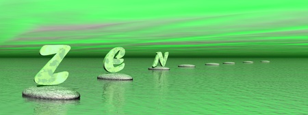 Zen green letters upon grey stones steps upon the ocean in a green backgroundの写真素材