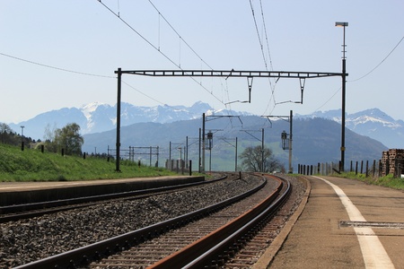 Railways for train and Alps mountain in Switzerland