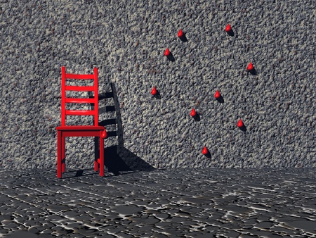 Red chair isolated in a grey room with one wall presenting red drops of bloodの写真素材